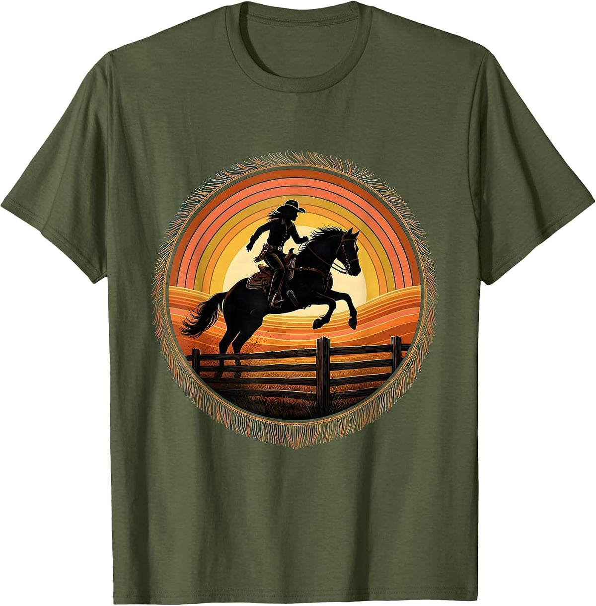 Cowgirl Jumping Fence on Horseback at Sunrise T-Shirt - Olive Green