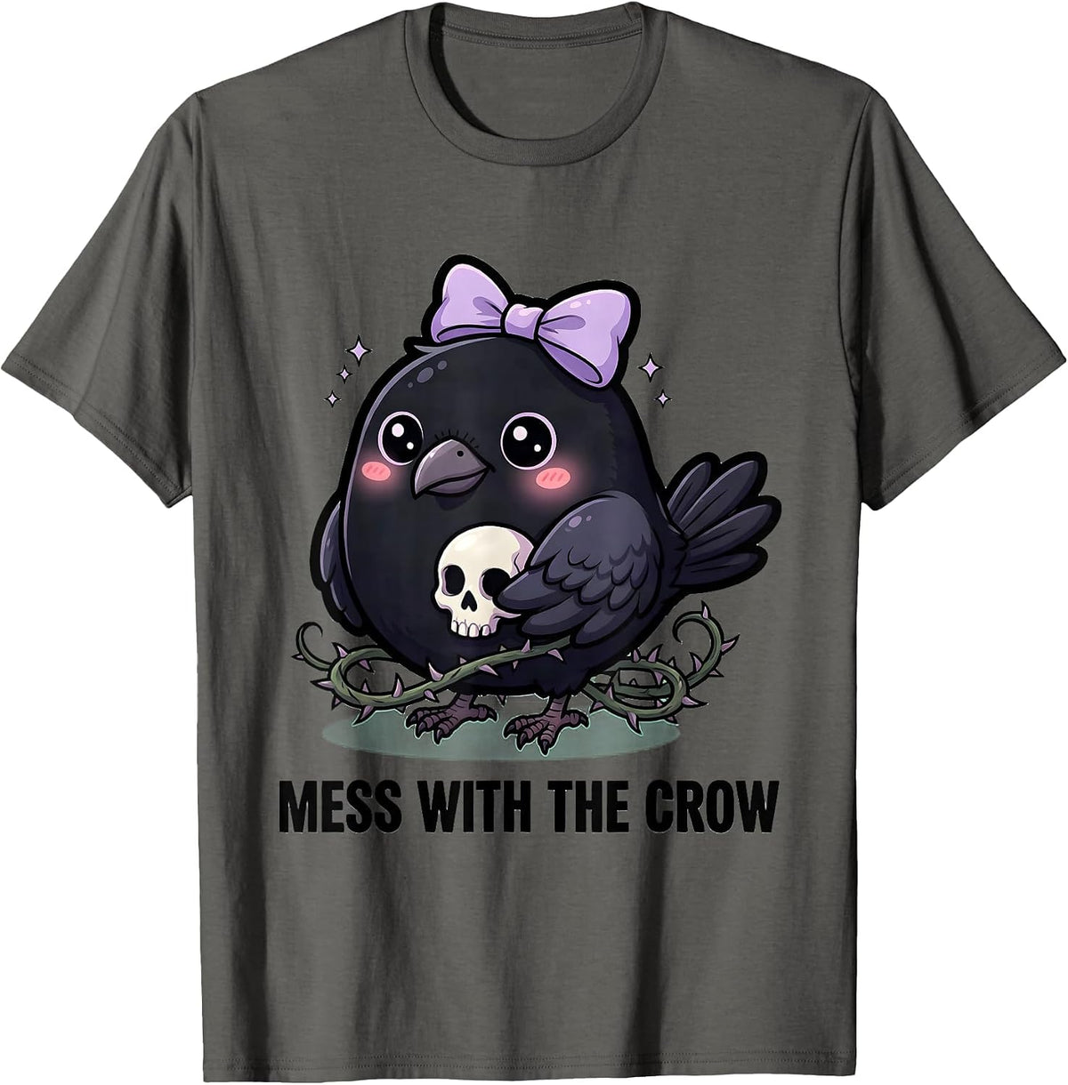 Mess With The Crow Bold Crow Warning Design T-Shirt - Asphalt Grey