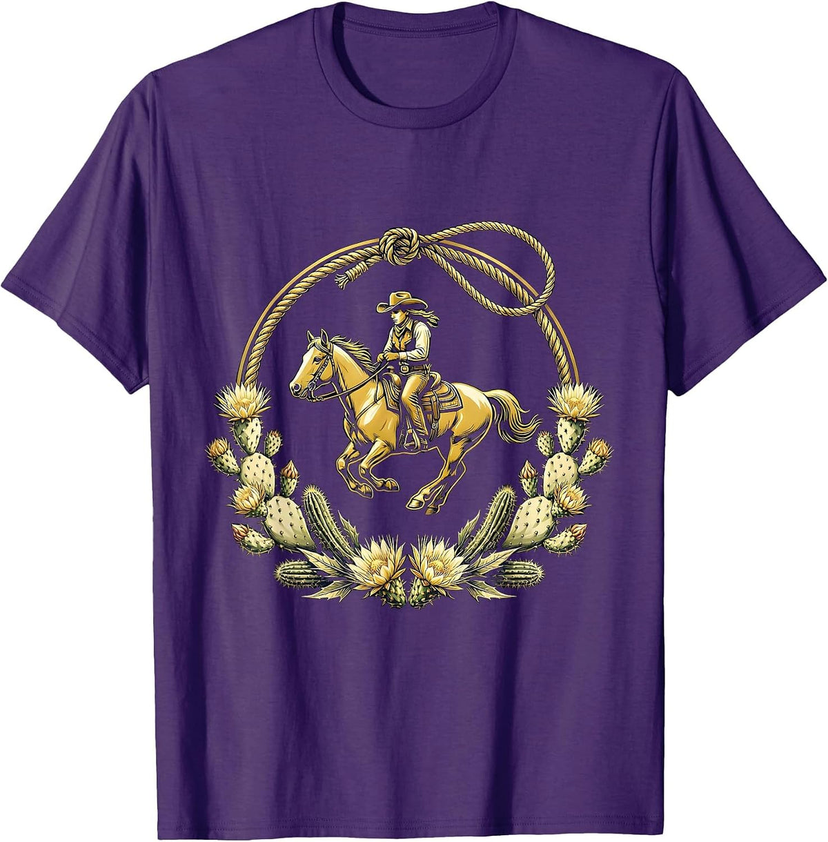 Cowgirl Riding Horse Through Desert Wildflowers T-Shirt - Purple