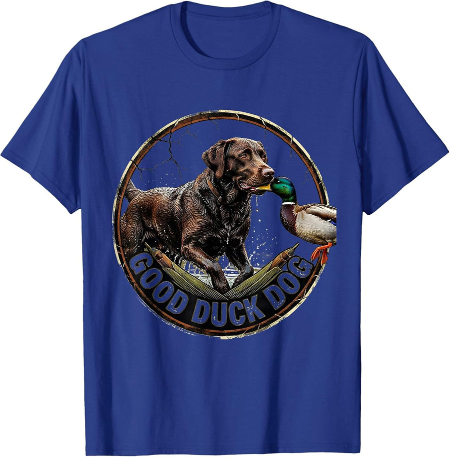 Good Duck Dog Distressed Labrador Duck Hunting Vintage Badge T-Shirt - Royal Blue