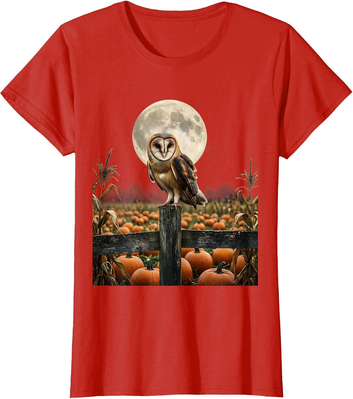 Barn Owl Moonlit Pumpkin Patch Illustration T-Shirt - Red