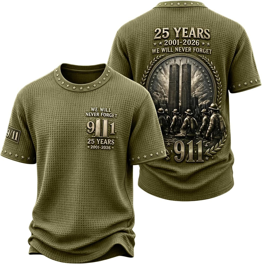 Mens 9/11 Memorial Waffle Tee Never Forget 25th Anniversary Shirt - 01-army Green