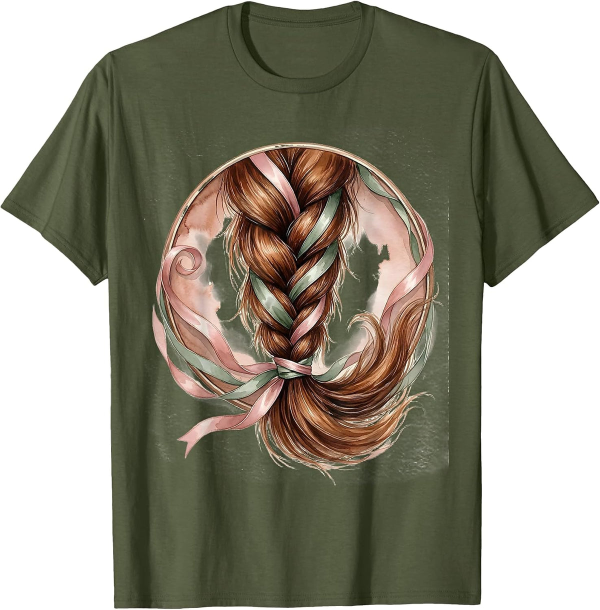 Braided Horse Tail With Woven Ribbons Illustration T-Shirt - Olive Green