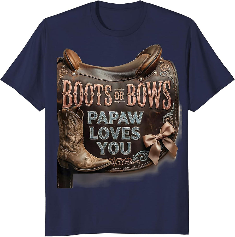 Boots Or Bows Papaw Loves You Vintage Gender Reveal Family T-Shirt - Navy Blue