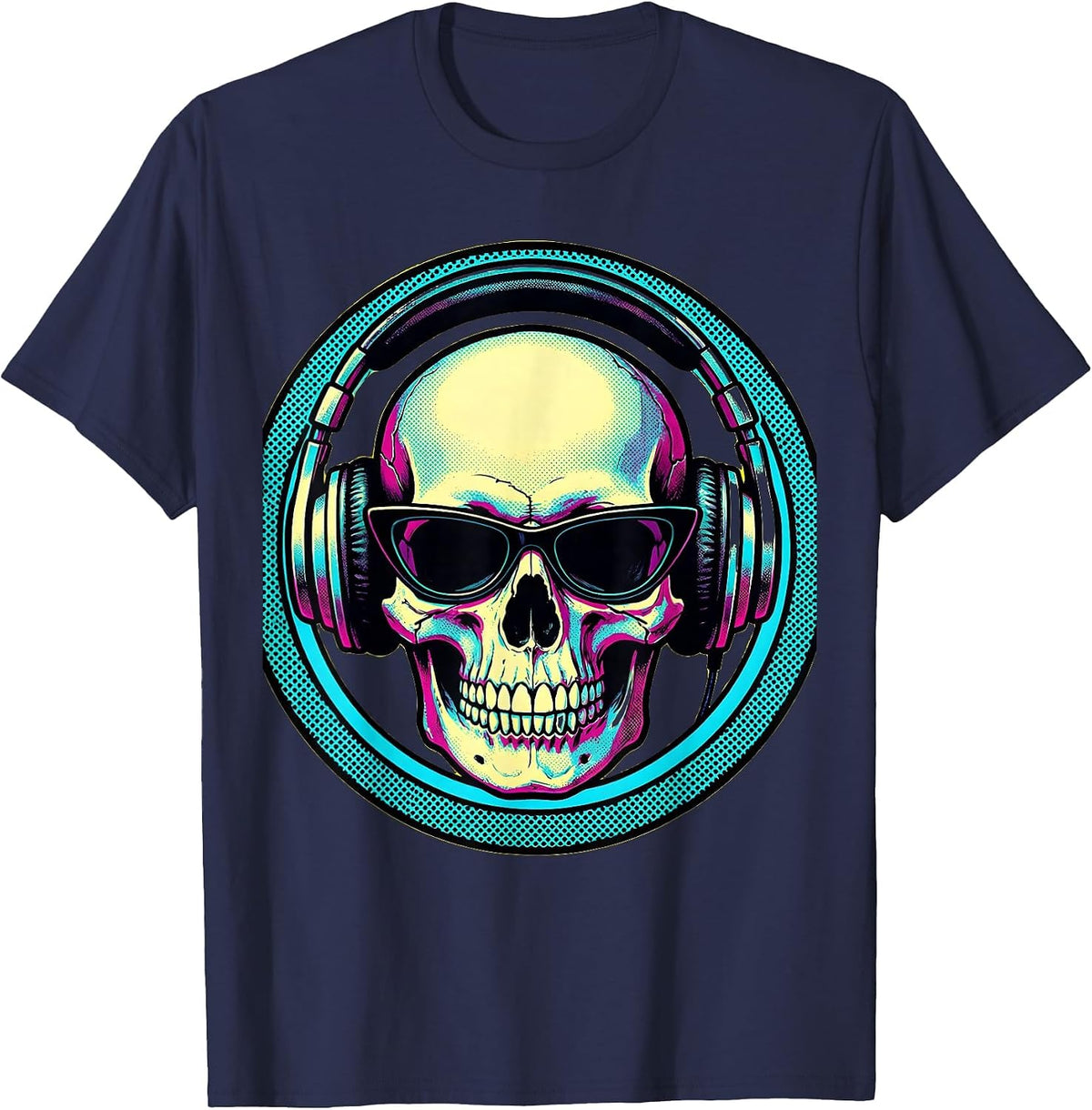 Skull Vintage Headphones Sunglasses Band Graphic T-Shirt - Navy Blue
