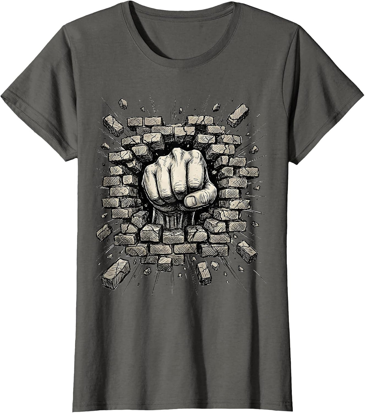 Women's Grunge Fist Through Brick Wall Graphic Tee T-Shirt - Asphalt Grey