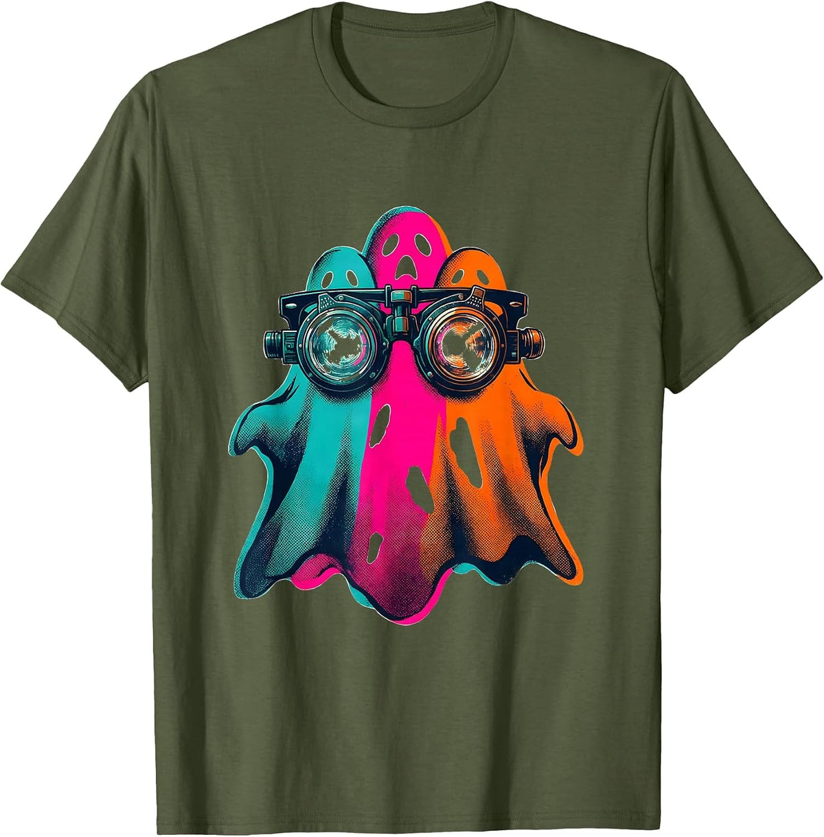 Men's Friendly Ghost Optometrist Risograph Halloween Boo Crew T-Shirt - Olive Green