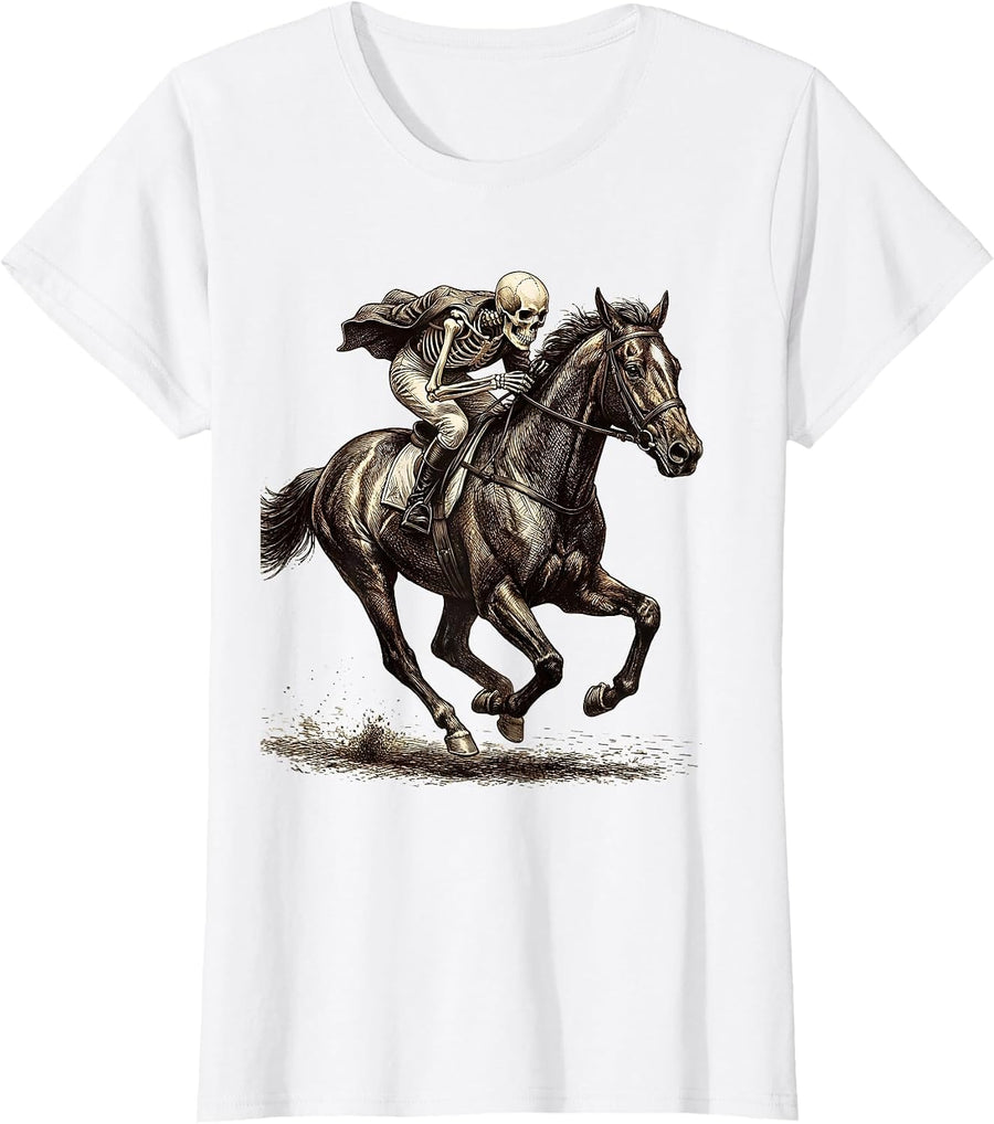 Women's Skeleton Jockey Racing Horse Full Gallop T-Shirt - White