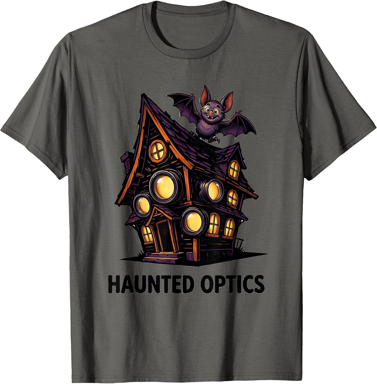 Men's Haunted Optics Cartoon Halloween Optometrist Eye Doctor T-Shirt - Asphalt Grey