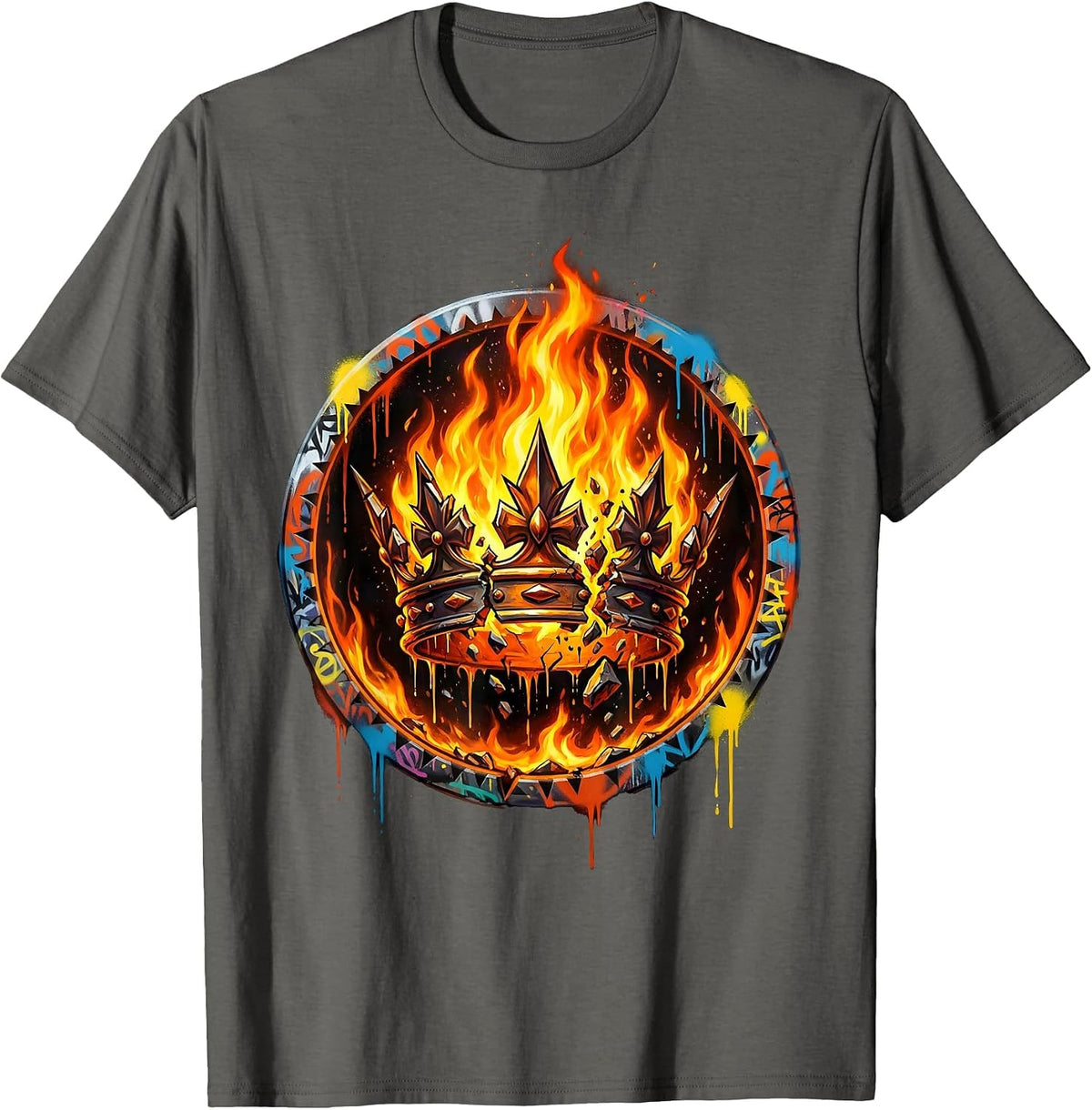 Crown In Flames No Kings Fire Illustration T-Shirt - Asphalt Grey