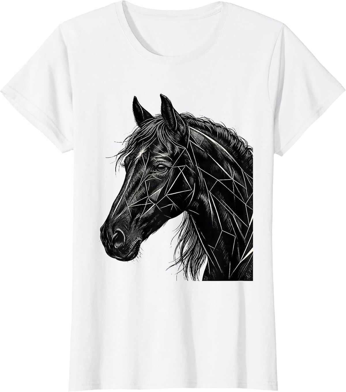 Women's Geometric Horse Head Profile Linework Art T-Shirt - White