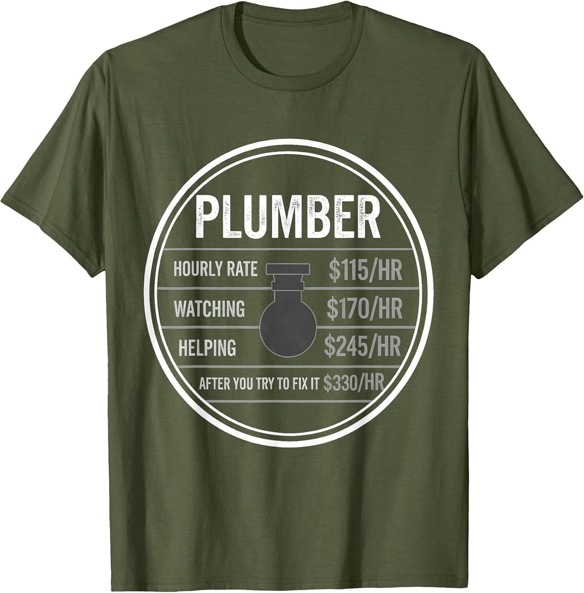 Men's Funny Plumber Hourly Rate Occupational Humor T-Shirt - Olive Green