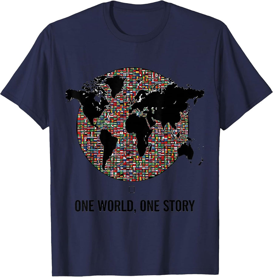 One World One Story Geography Enthusiast World Traveler Map T-Shirt - Navy Blue