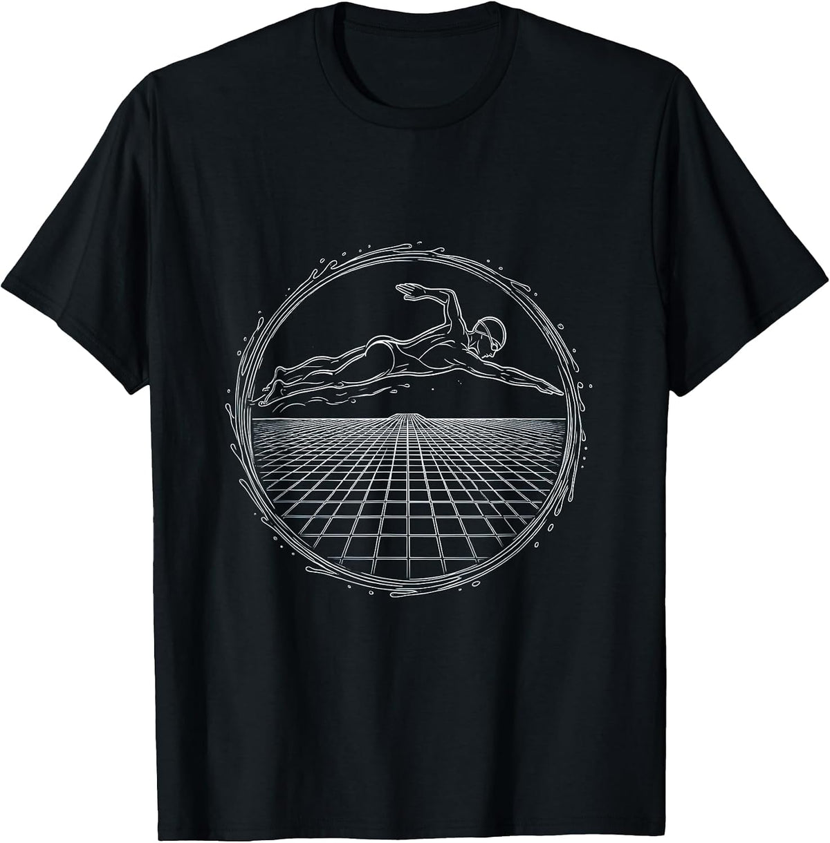 Men's Swimmer Diving Into Geometric Pool Tiles T-Shirt - Black
