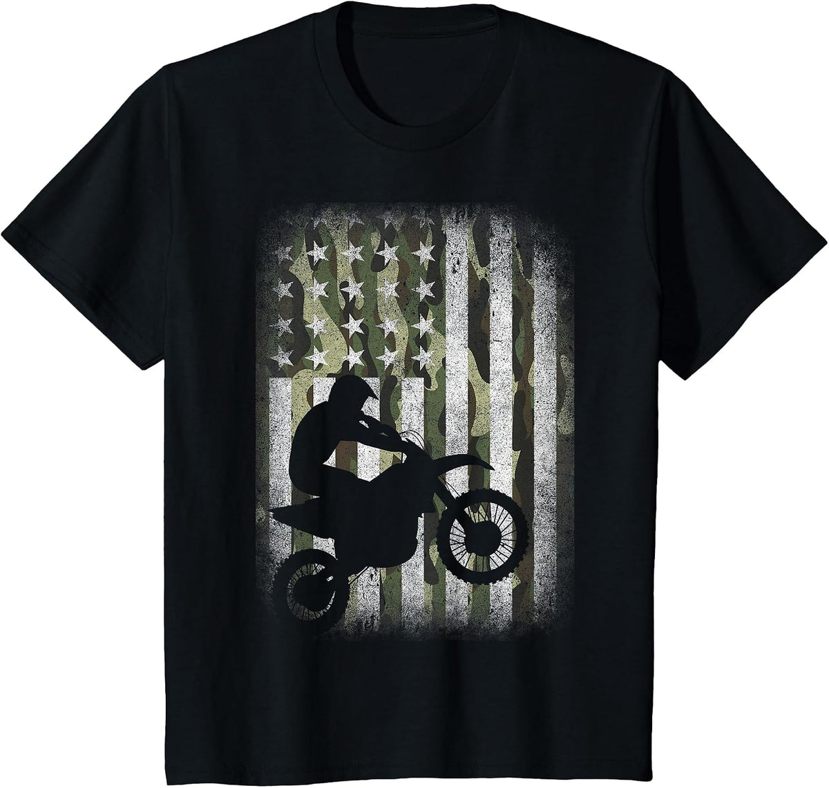 Camo Motocross Dirt Bike Racing Camouflage American US Flag T-Shirt - Black