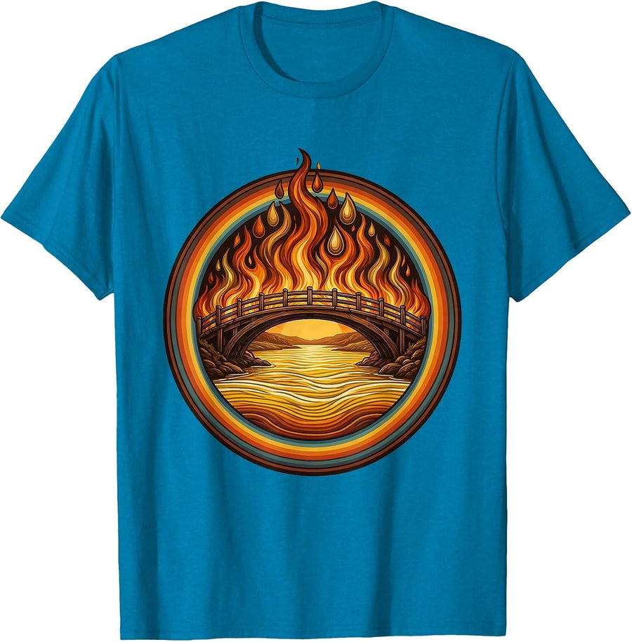 Burning Bridge Over River Graphic Design T-Shirt - Sapphire Blue