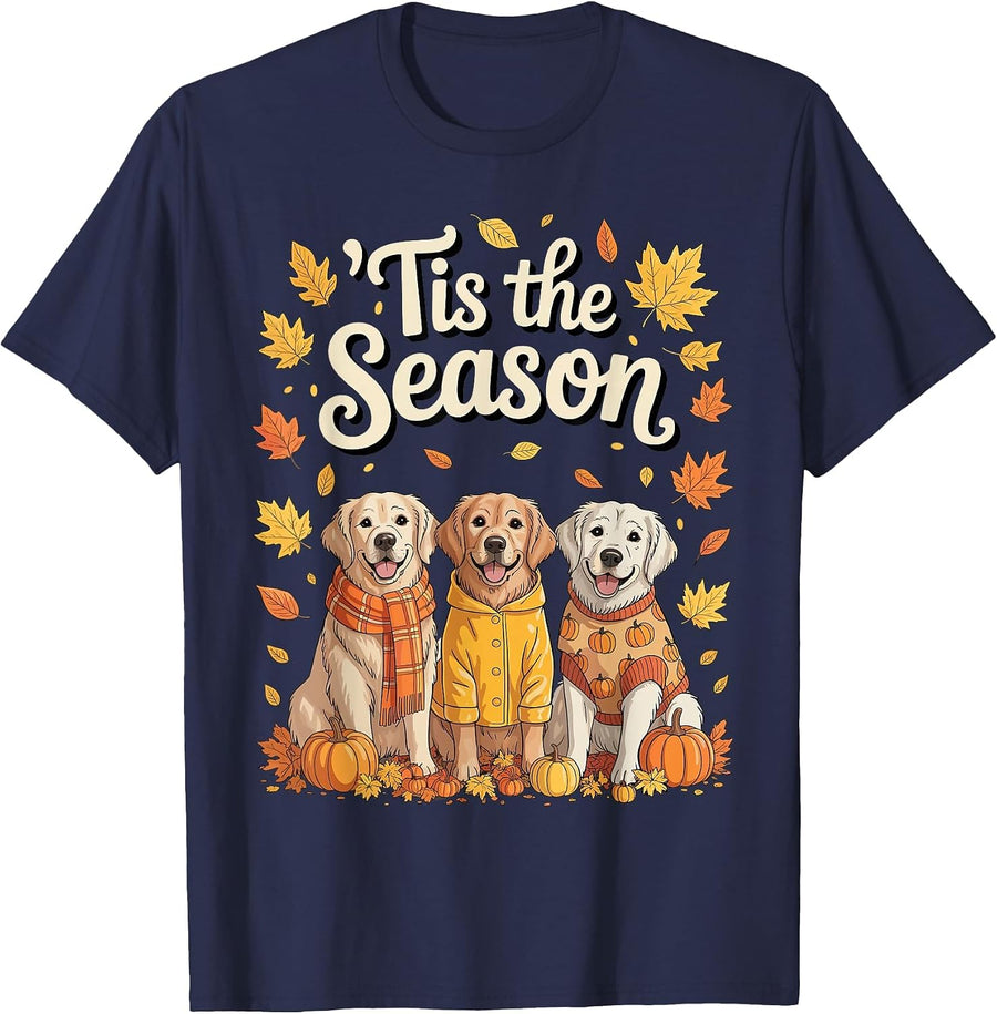 Tis The Season Golden Retriever Fall Autumn Pumpkin Dog T-Shirt - Navy Blue