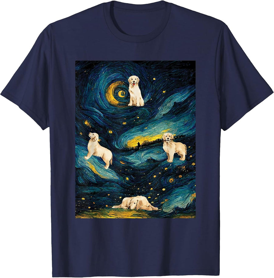 Starry Night Golden Retriever Dog - Canine Lover Pet Owner T-Shirt - Navy Blue