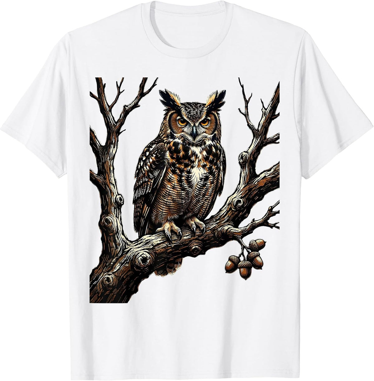 Men's Owl on Bare Oak Branch Fall Nature Illustration T-Shirt - White