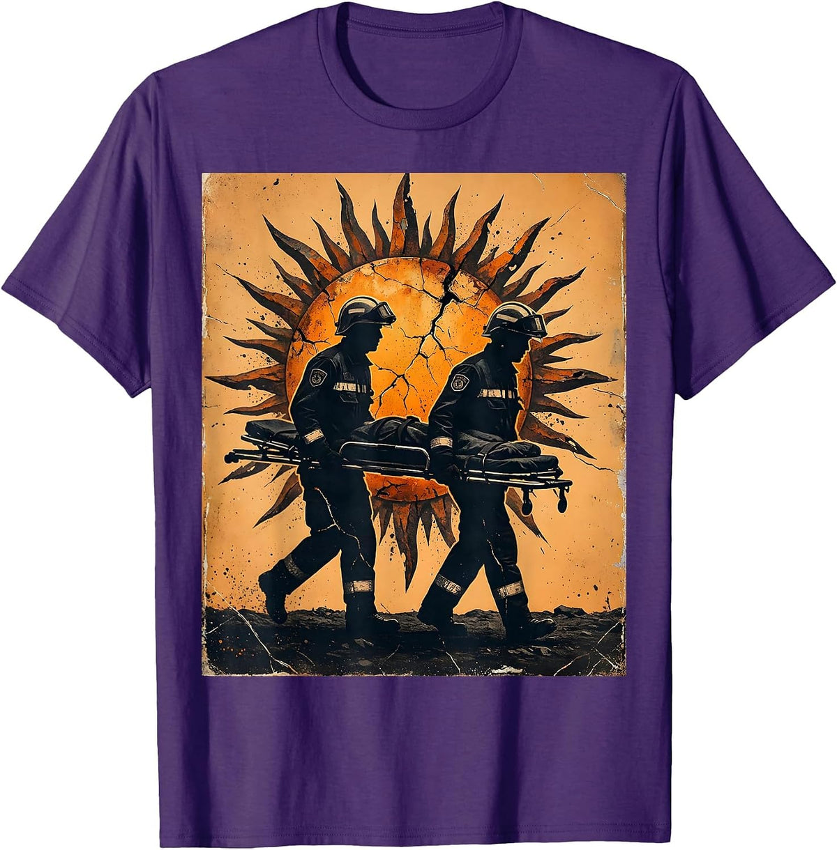Men's EMT Paramedic Silhouette Sunset Stretcher Design T-Shirt - Purple