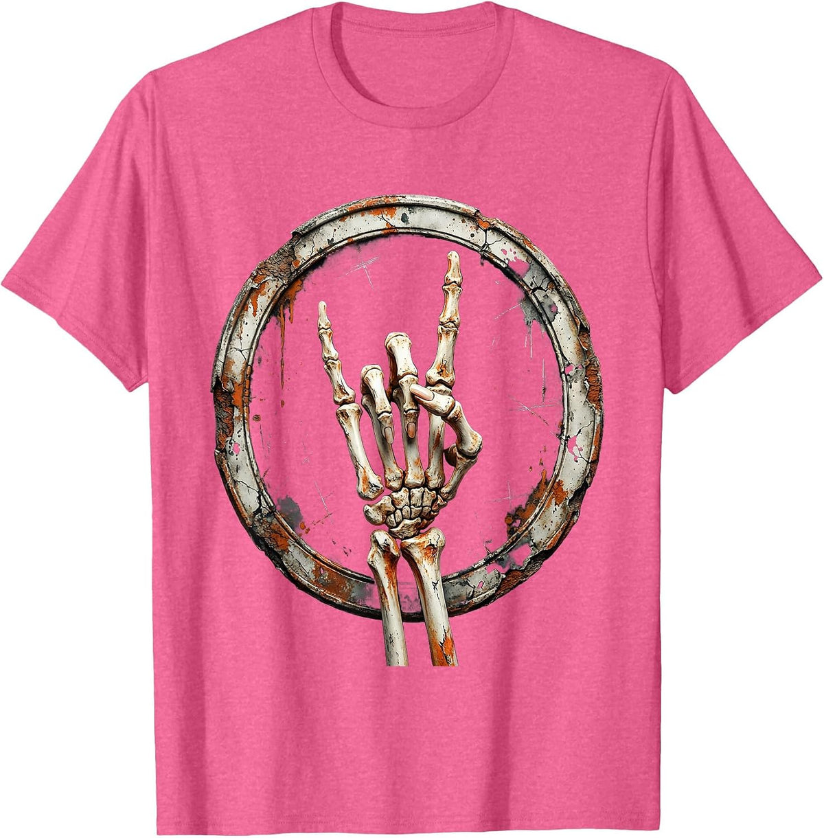 Skeletal Devil Horns Punk Rock Hand Sign T-Shirt - Pink Heather