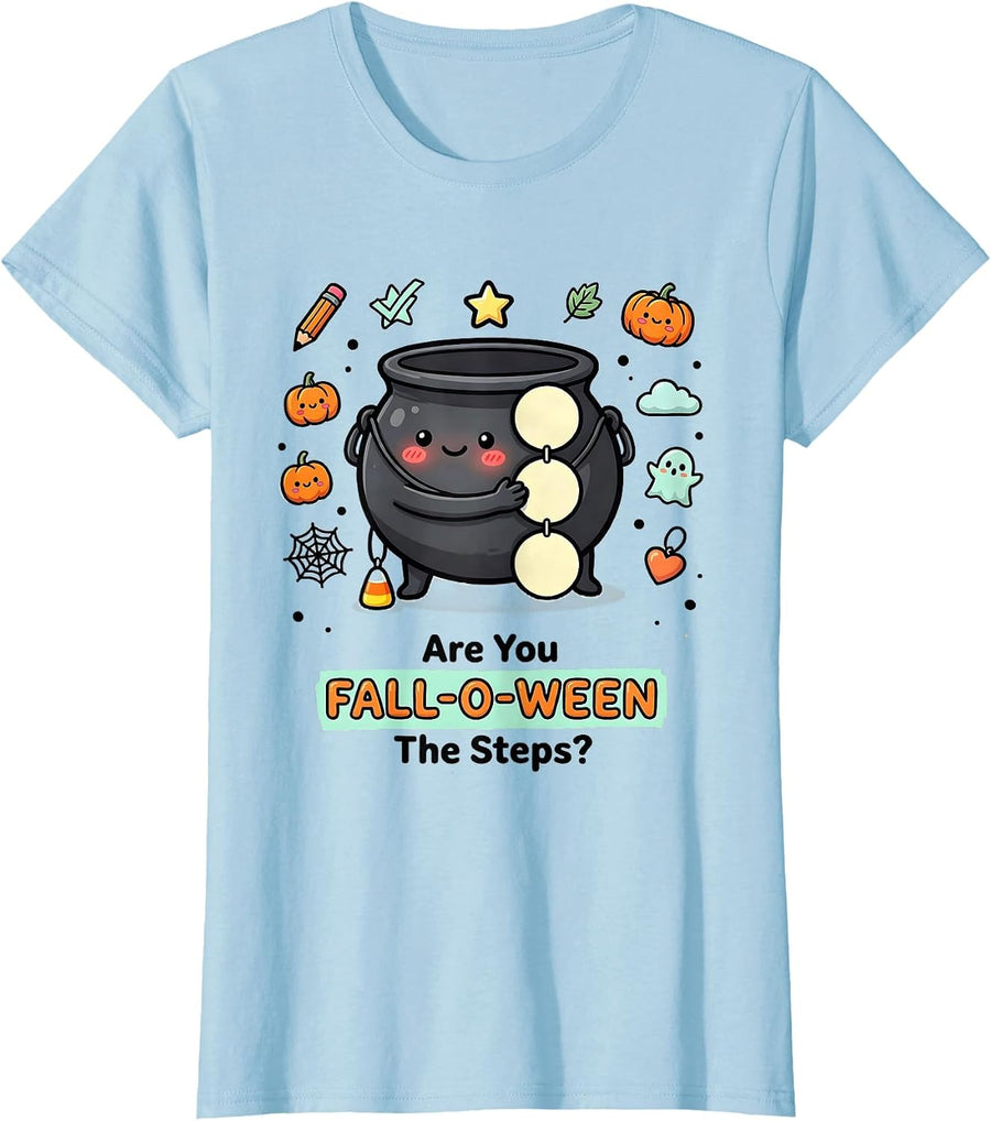 Women's Are You Fall-O-Ween The Steps Kawaii Teacher Halloween Humor T-Shirt - Baby Blue