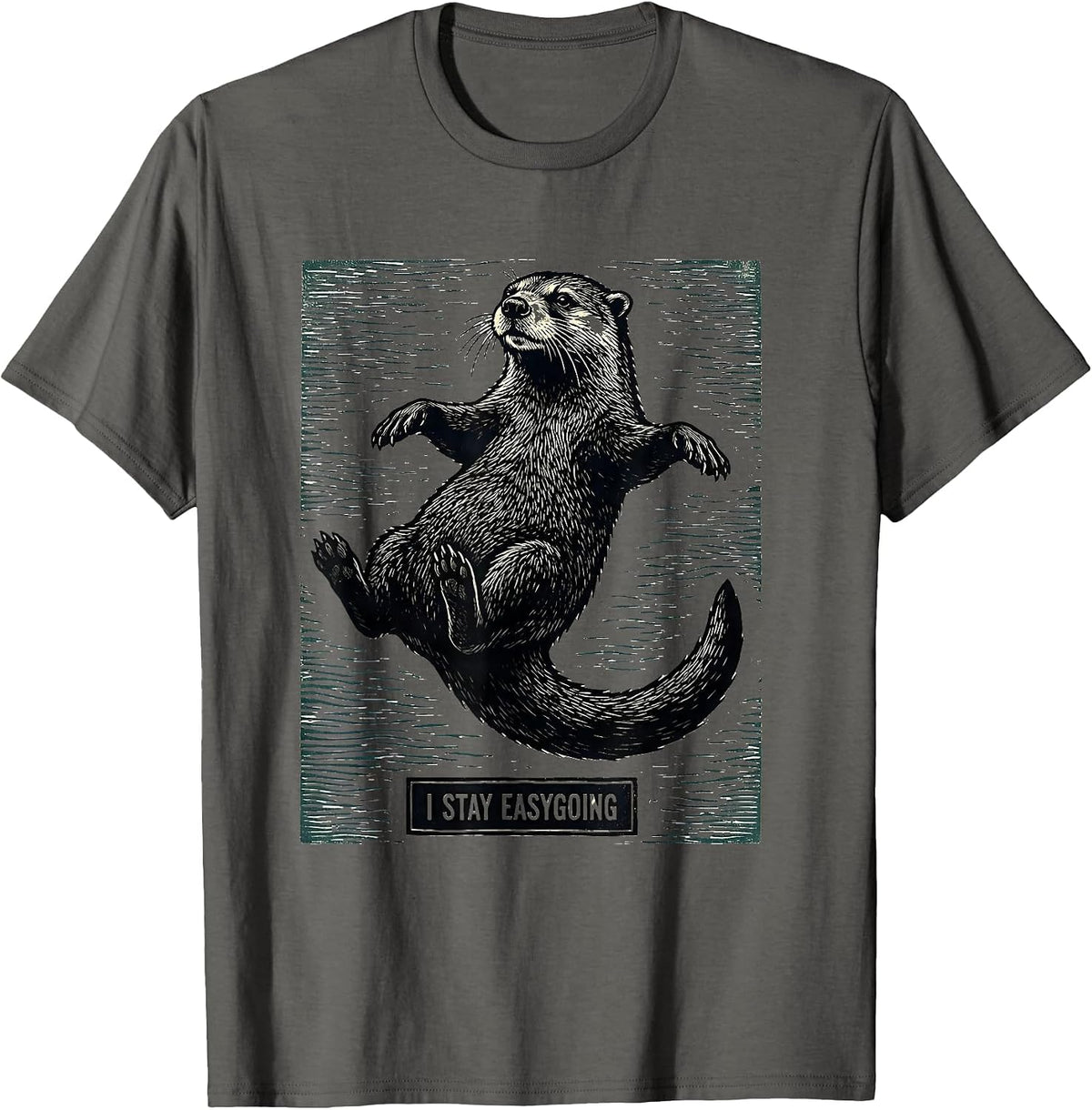 Men's I Stay Easygoing Woodcut Engraving Otter Lover Humor T-Shirt - Asphalt Grey