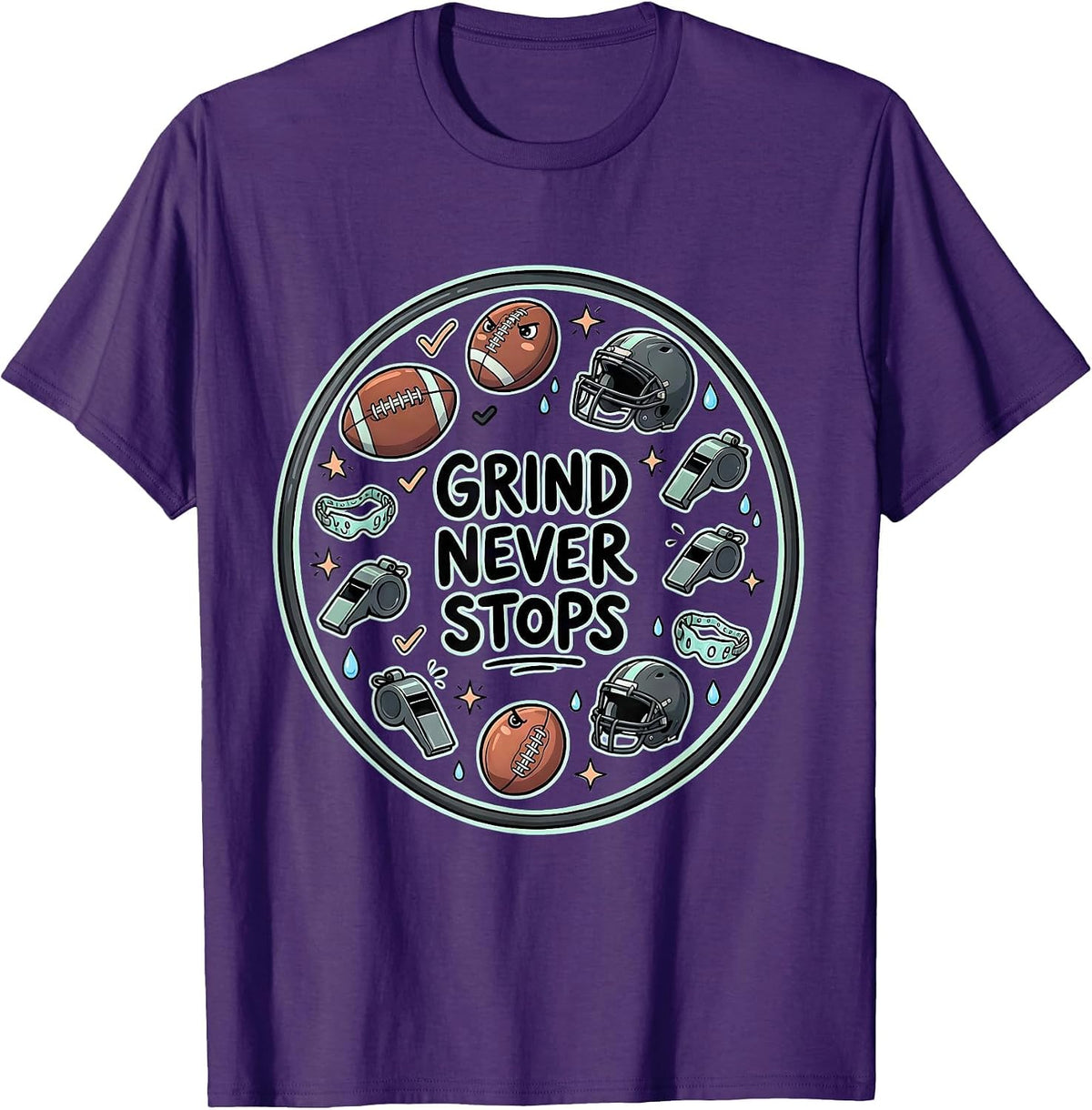 Rugby Grind Never Stops Motivational Design T-Shirt - Purple