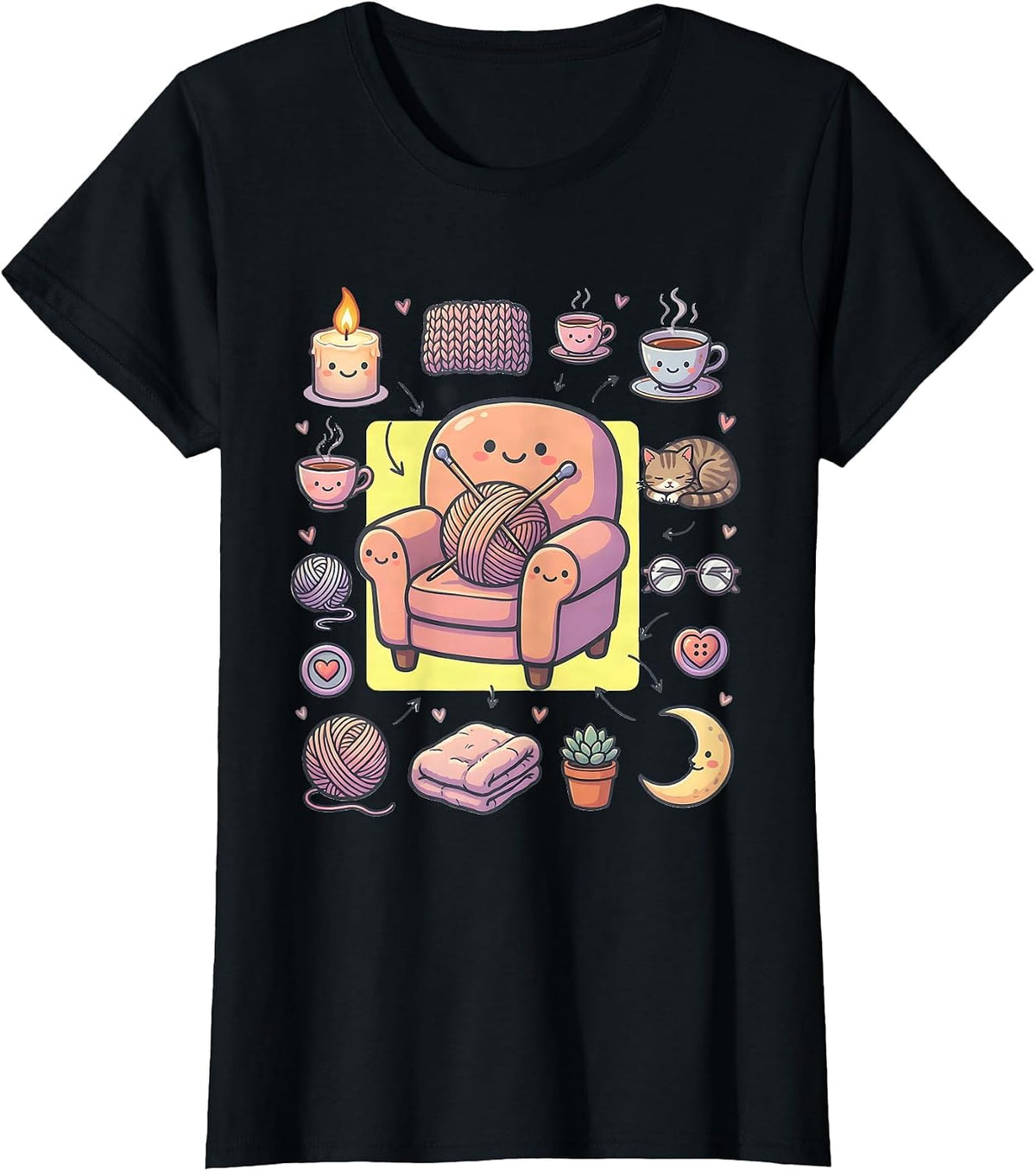 Women's Cozy Grandma Knitting Candlelight Illustration T-Shirt - Black