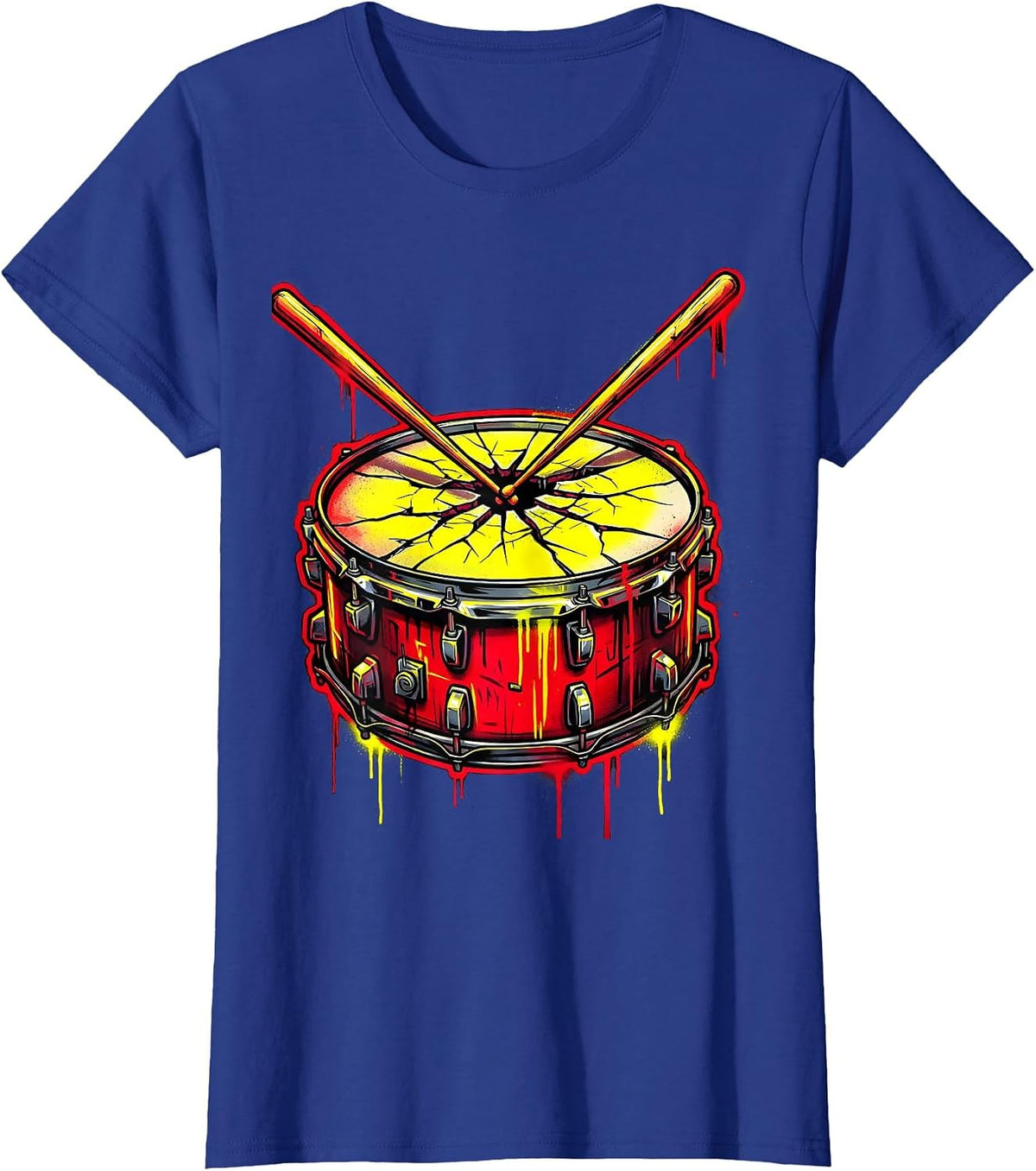 Women's Crossed Drumsticks Cracked Snare Drum Rock Graphic T-Shirt - Royal Blue