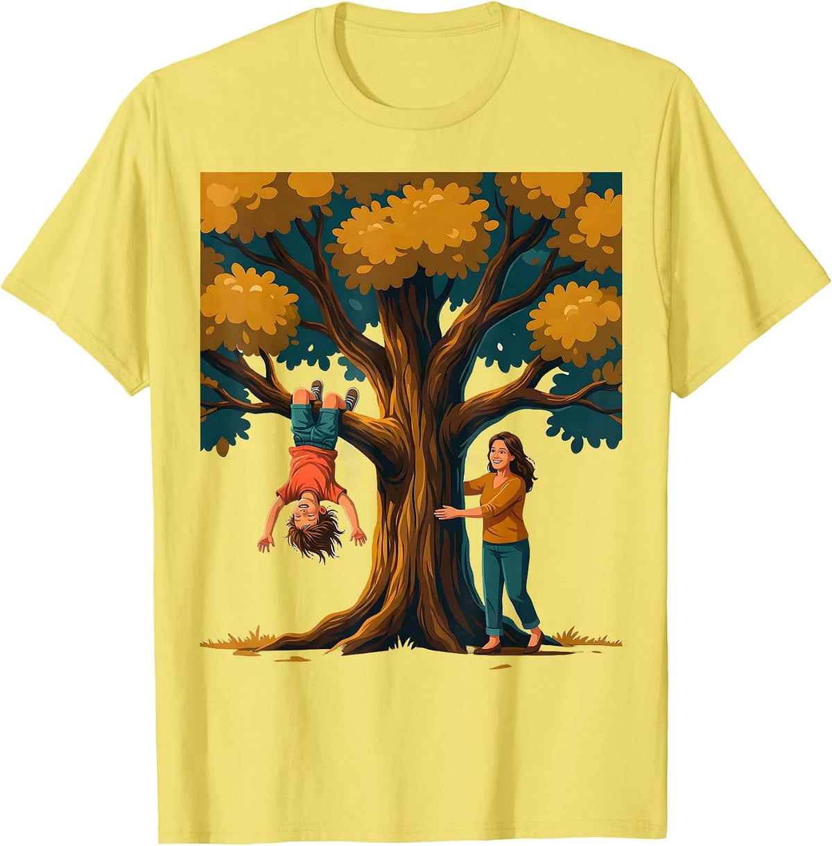 Men's Boy Mom Upside Down Tree Climbing Illustration T-Shirt - Lemon Yellow