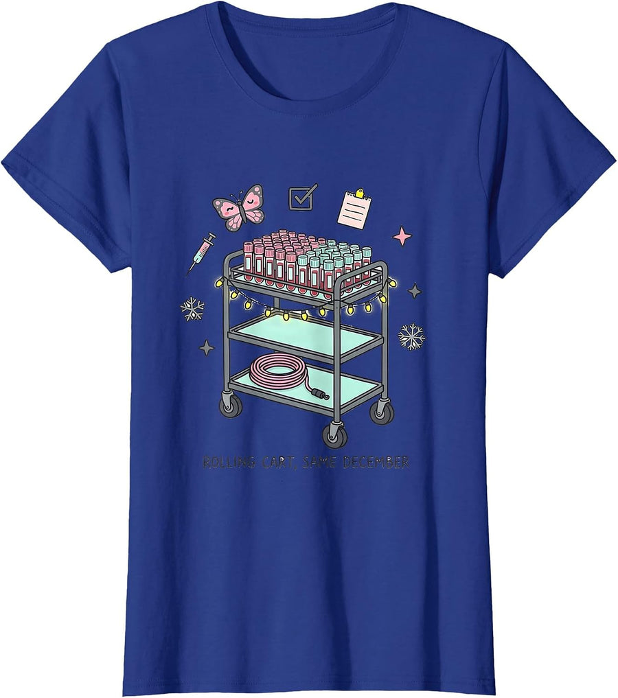 Rolling Cart Same December Kawaii Phlebotomist Holiday Humor T-Shirt, Women, Royal Blue, X-Large - As Pictured