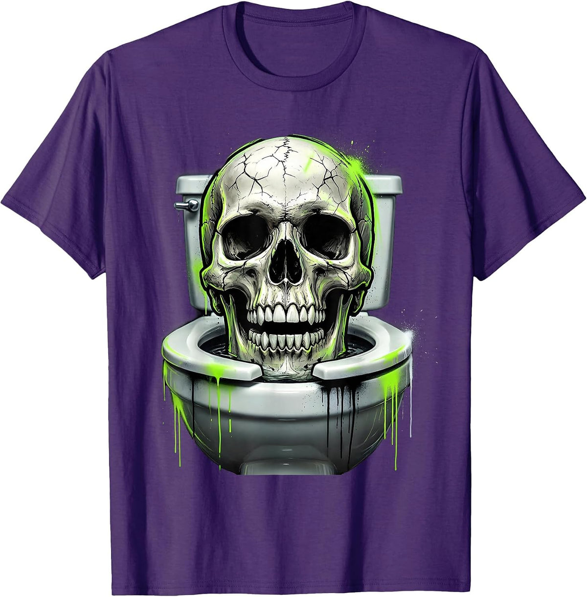 Grinning Skull in Toilet Bowl Funny Dark Art T-Shirt - Purple