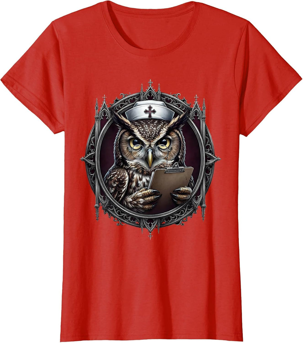 Women's Nurse Owl Halloween Costume Glasses Clipboard T-Shirt - Red