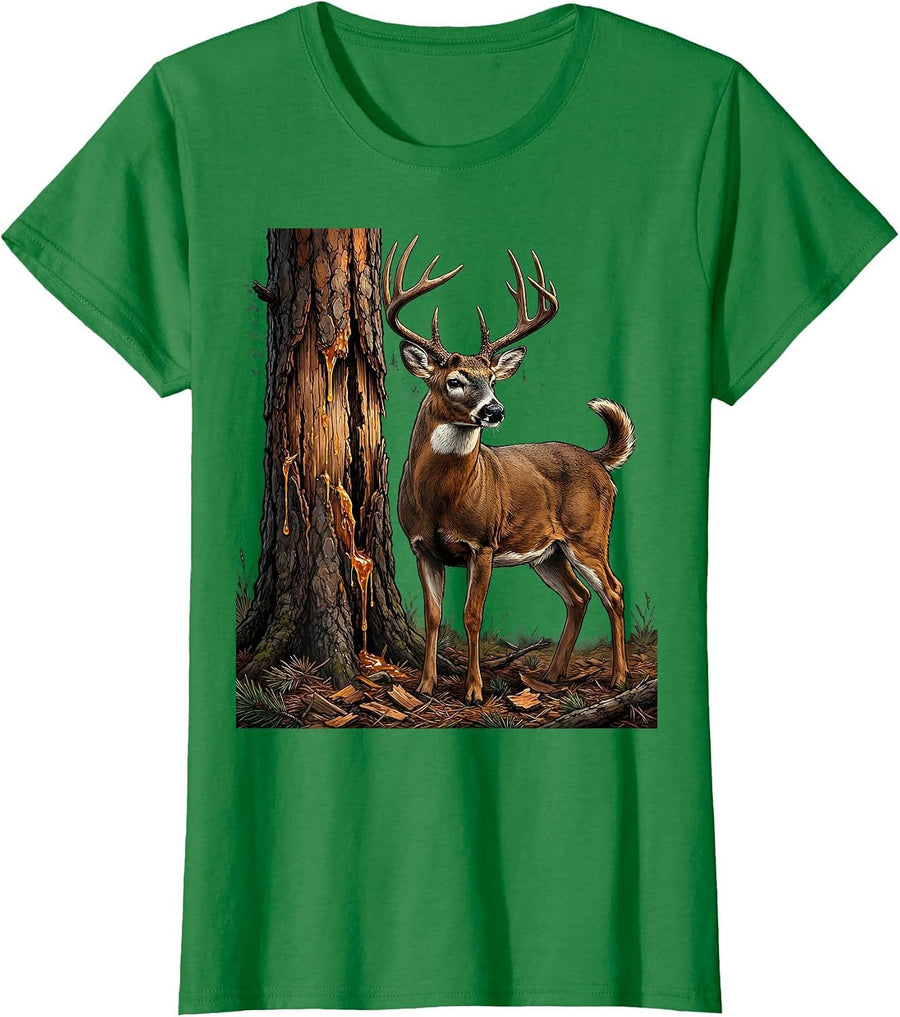 Women's Buck Rub Scarred Pine Tree Hunting Illustration T-Shirt - Kelly Green