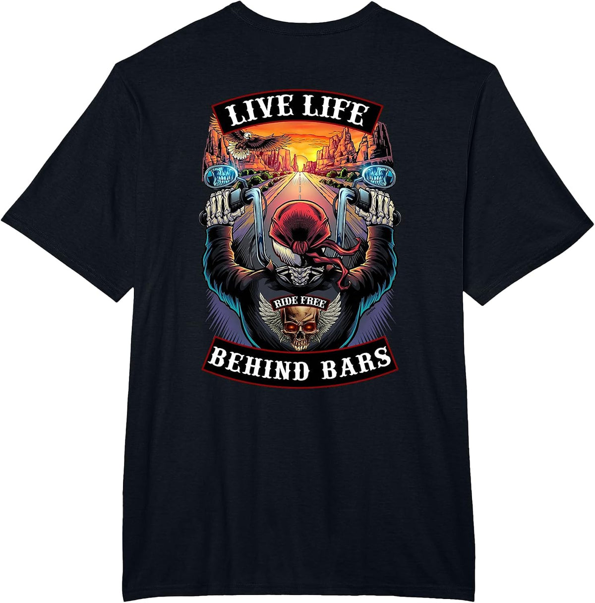 Live Life Behind Bars Motorcycle Biker Skull T-Shirt - Black