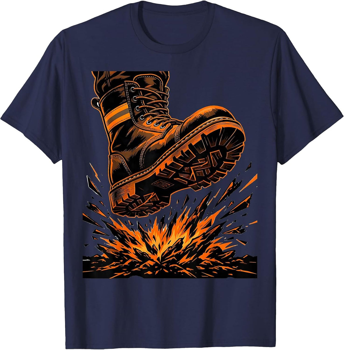 Men's Firefighter Boot Stomping Embers Graphic Tee T-Shirt - Navy Blue