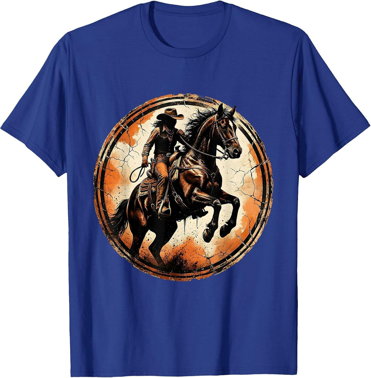 Cowgirl Taming Rearing Horse Arena Graphic T-Shirt - Royal Blue