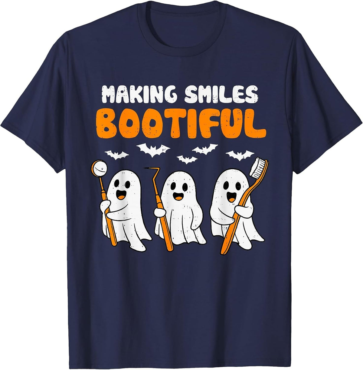Dentist Smiles Bootiful Ghost Halloween Costume Dental Funny T-Shirt - Navy Blue