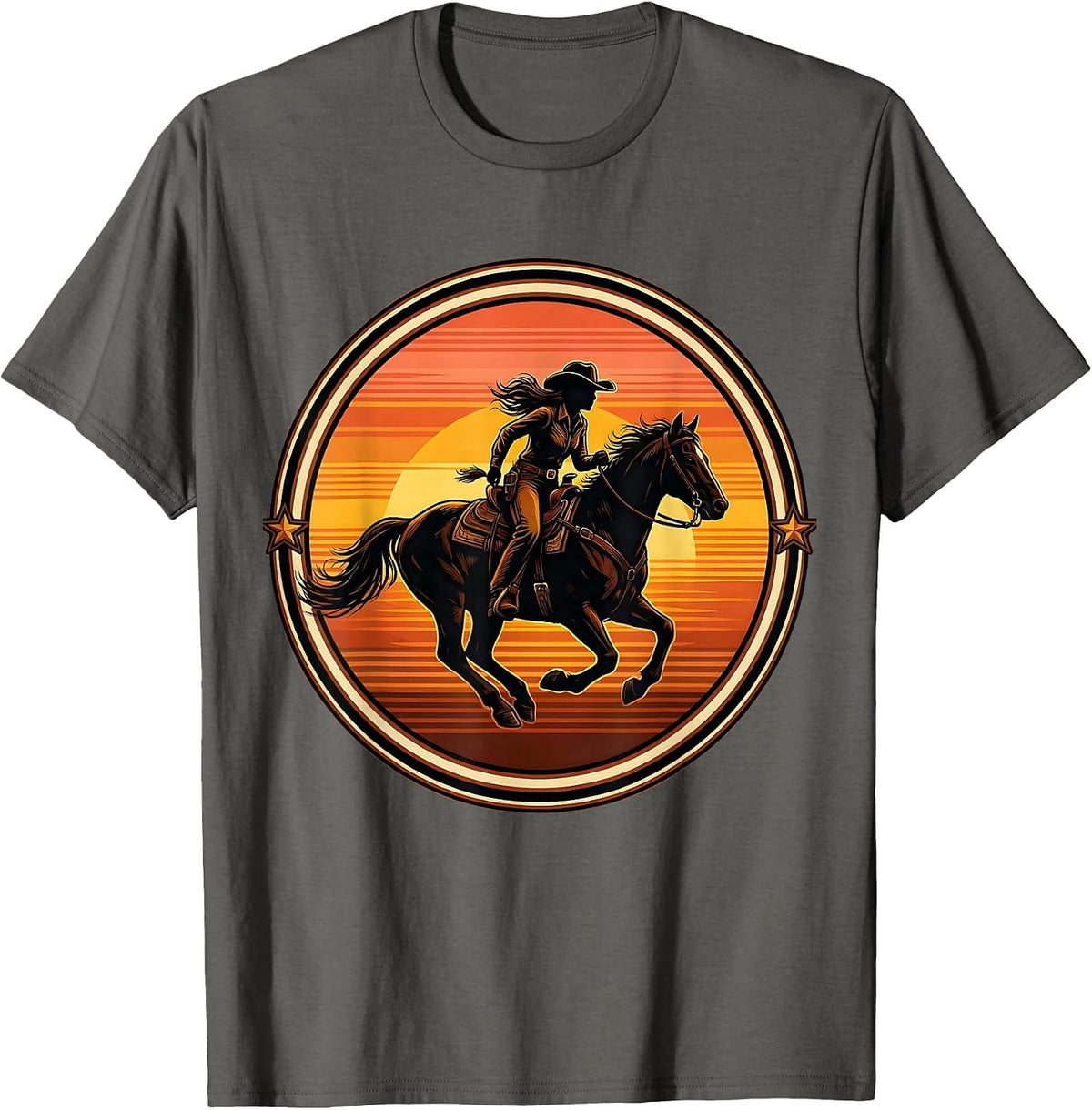 Men's Cowgirl Riding Horse at Full Gallop Graphic T-Shirt - Asphalt Grey