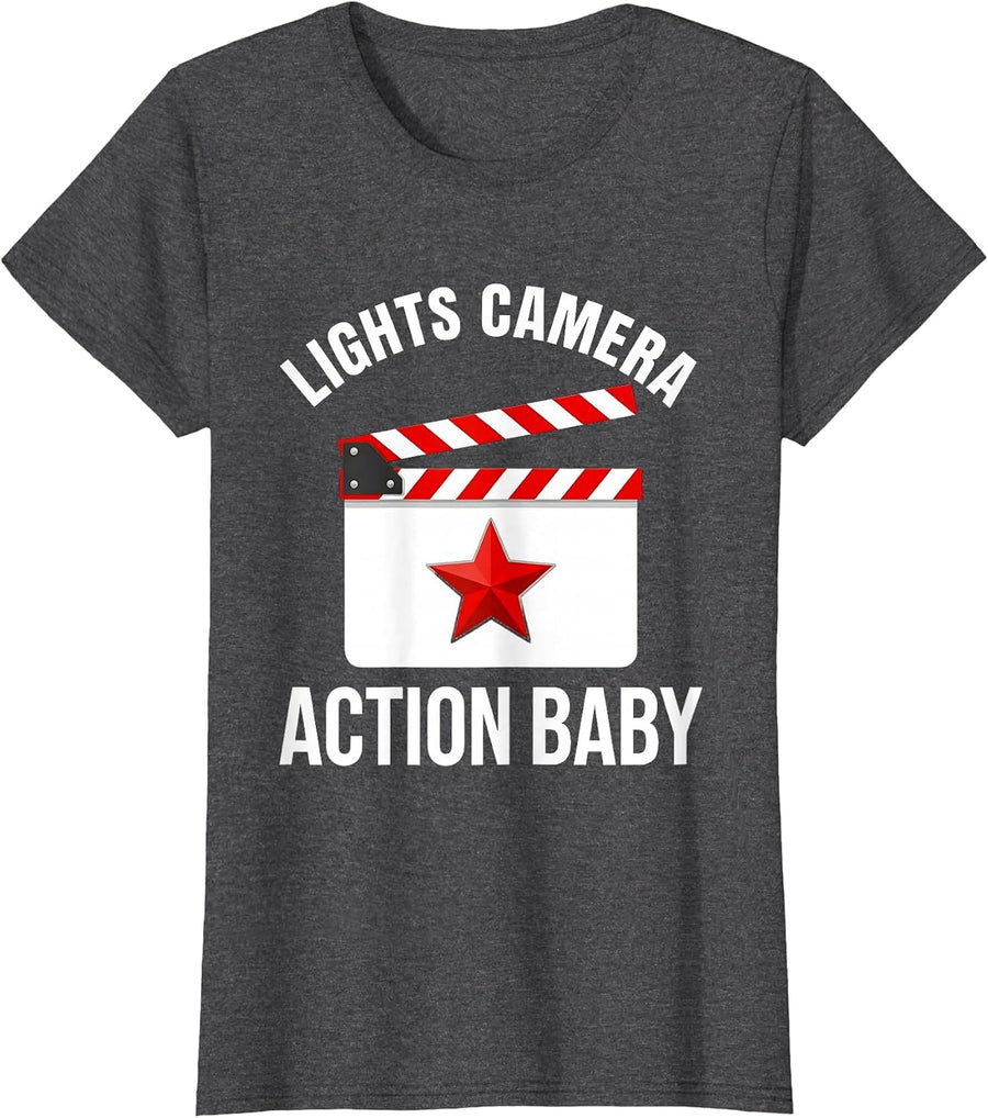 Women's Lights Camera Action Baby Show Business Design T-Shirt - Dark Heather Grey