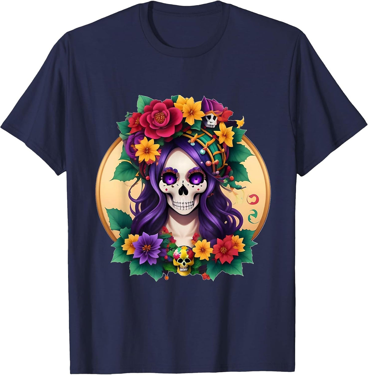 Sugar Skull Carnival Mardi Gras, Colorful Women's Costume T-Shirt - Navy Blue