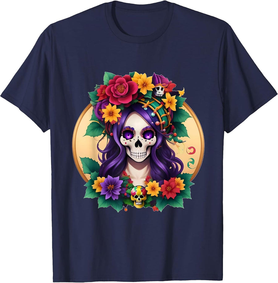Sugar Skull Carnival Mardi Gras, Colorful Women's Costume T-Shirt - Navy Blue