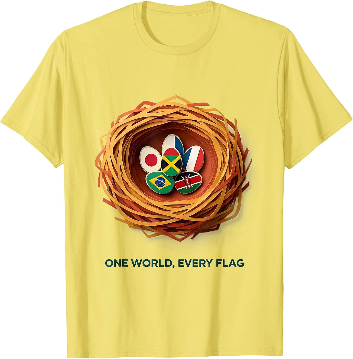 Men's One World Every Flag Paper Cutout Geography Lover Gift T-Shirt - Lemon Yellow