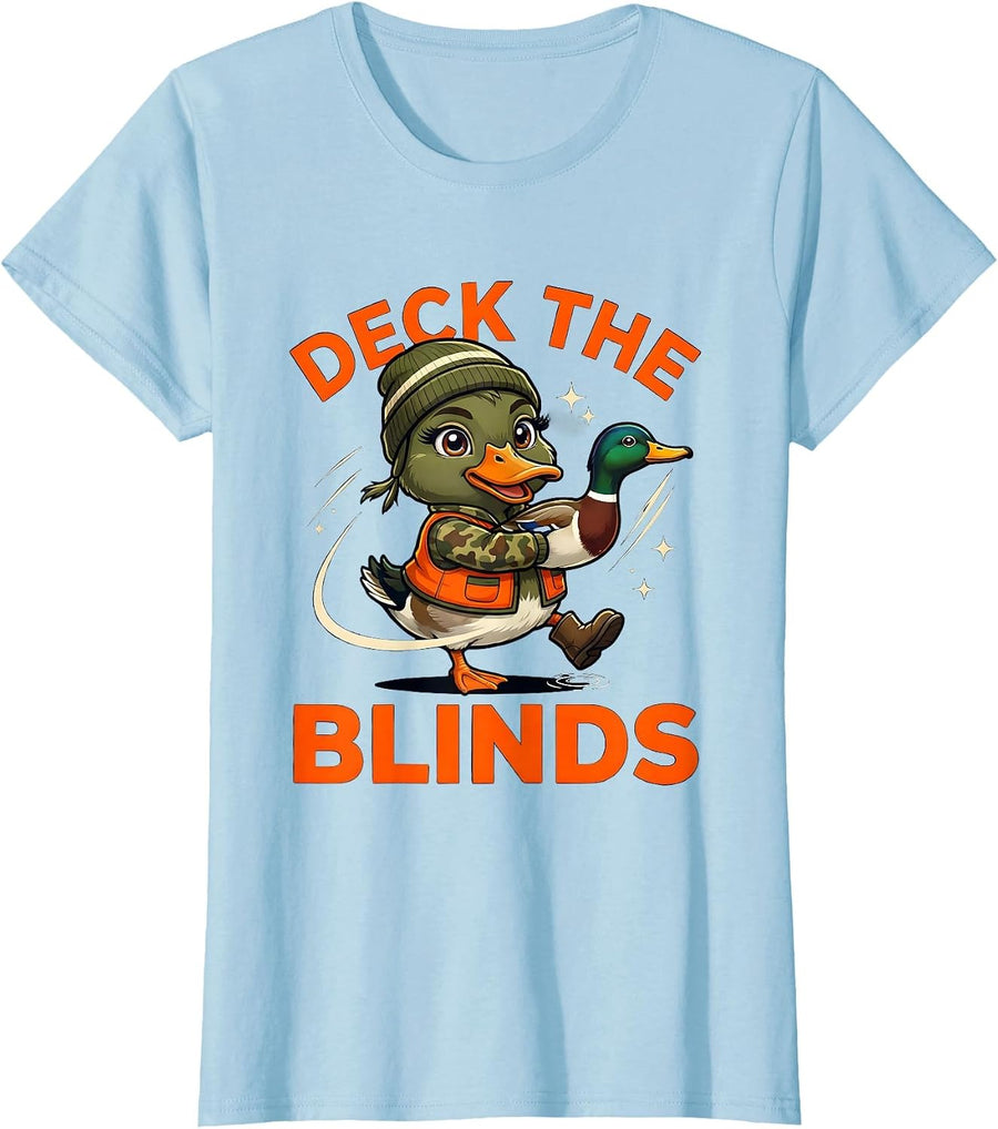 Women's DECK THE BLINDS Funny Duck Hunter Christmas T-Shirt - Baby Blue
