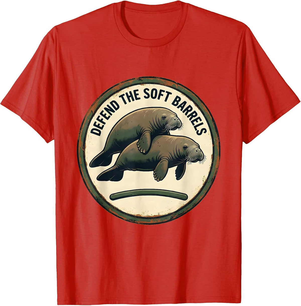 Men's Defend The Soft Barrels Vintage Manatee Sea Cow Wildlife T-Shirt - Red