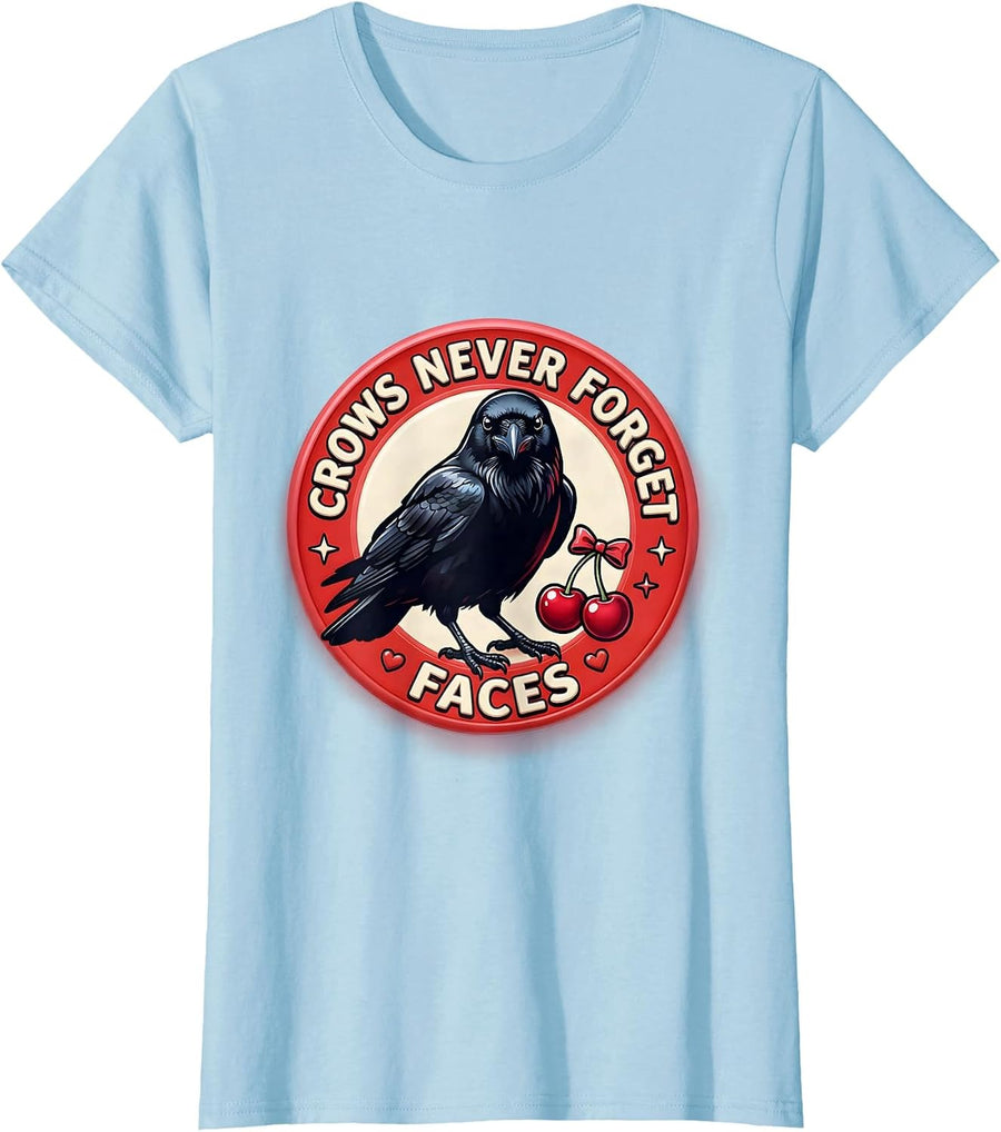 Women's Crows Never Forget Faces Crow Design T-Shirt - Baby Blue