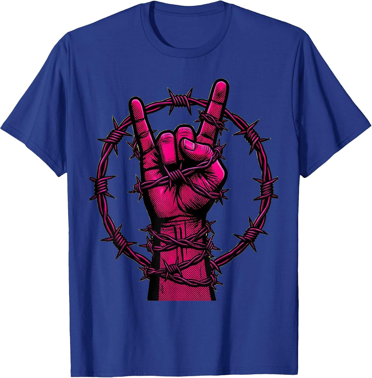 Punk Devil Horns Barbed Wire Rock Graphic T-Shirt - Royal Blue