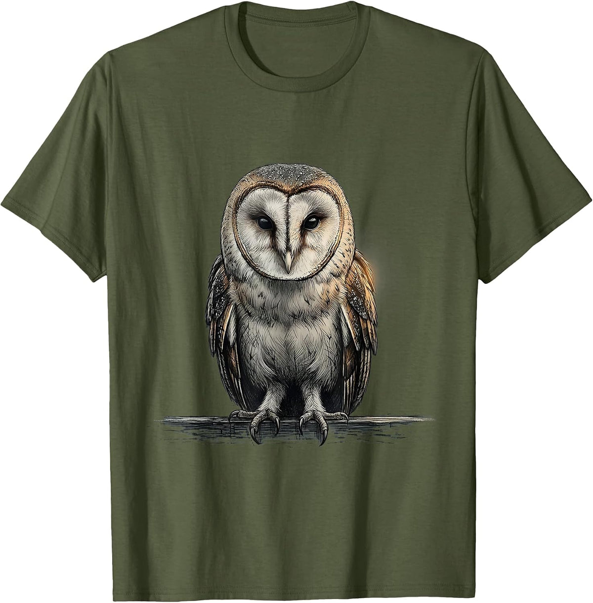 Men's Barn Owl Monochrome Bird Lover Vintage Nature Illustration T-Shirt - Olive Green