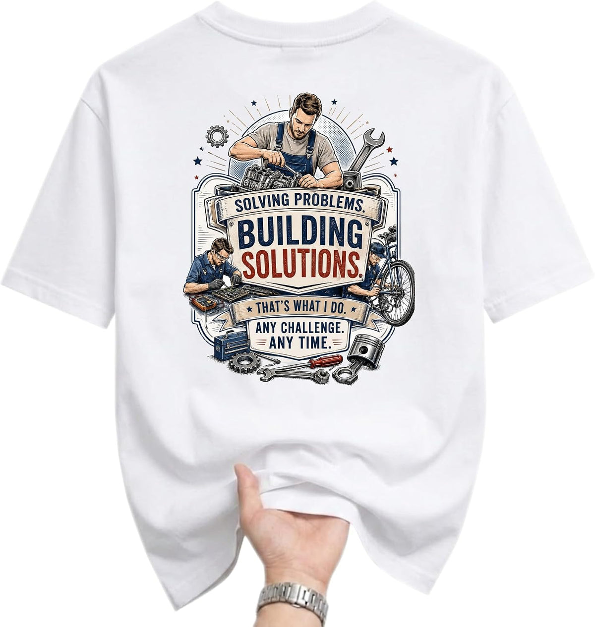 Graphic Tee Solving Problems Building Solutions Mechanic Print Unisex Crew Neck Casual Everyday Wear Soft Cotton Shirt - As